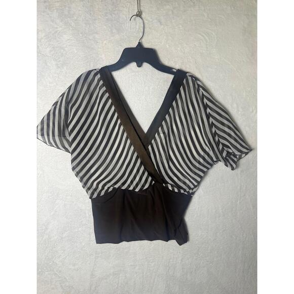 Estam‎ USA Brown And White Stripes Deep VNeck Sheer Top Size Medium - Picture 1 of 4